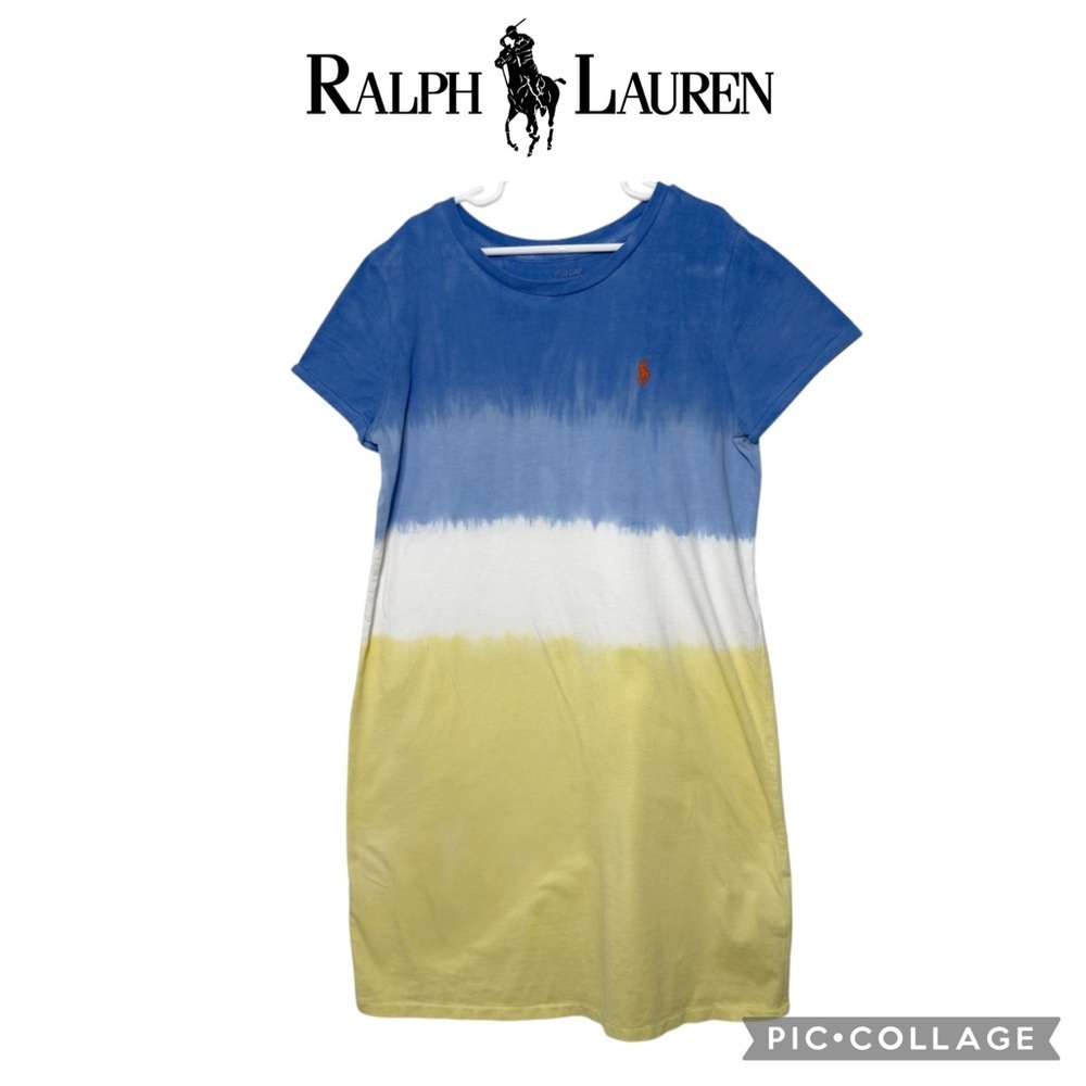 Polo Ralph Lauren Girls Ombre Jersey T-shirt Dress size large blue white yellow